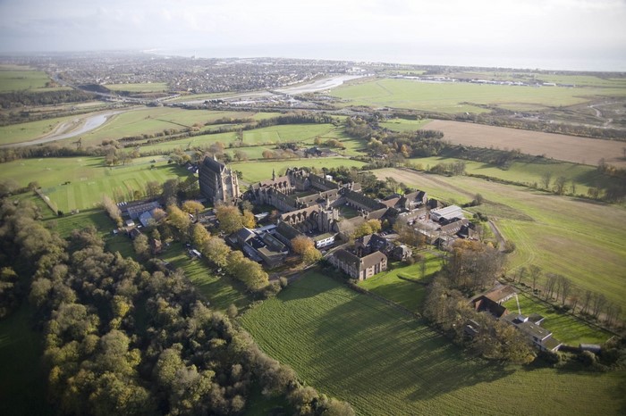 Aerial view of Lancing College estate and surrounding landscape