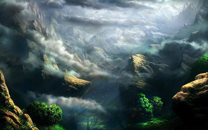 Digital art of misty mountains with sunlight