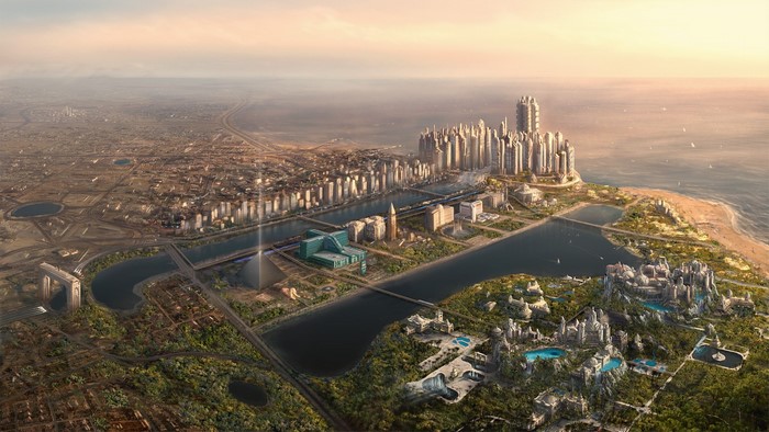 Futuristic cityscape with skyscrapers and water features