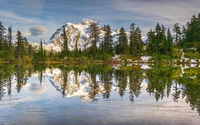 Snow-capped mountain reflected in a lake with pine trees
