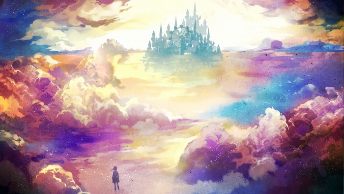 Fantasy castle in the sky with a girl below