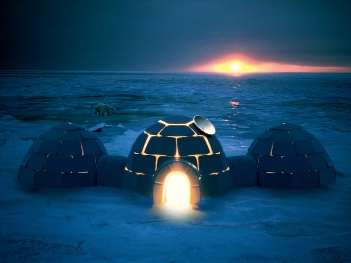 Igloos with satellite dish on ice at sunset with polar bear