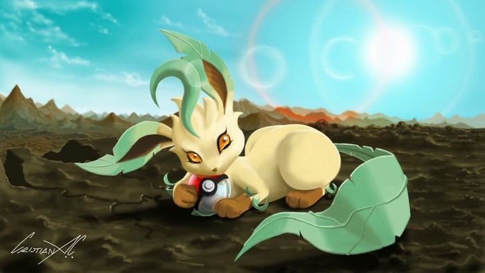 Leafeon from Pokemon holding a Pokeball