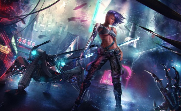 Cyberpunk woman with cybernetic arm and sword in futuristic city
