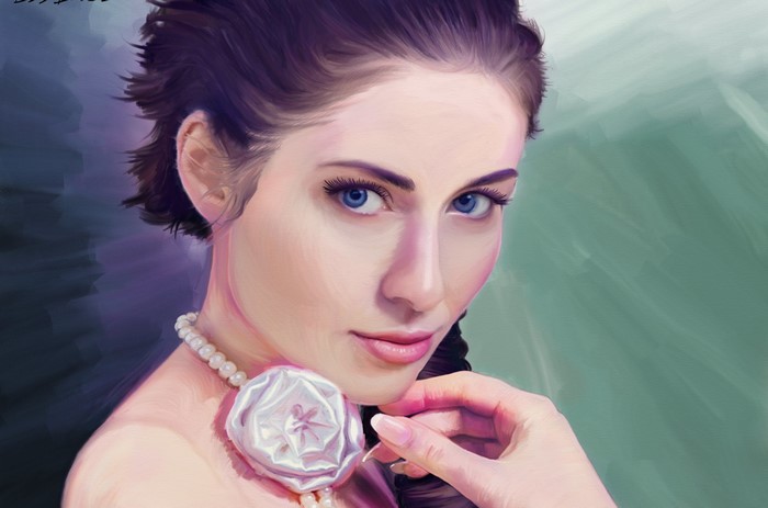Digital painting of a woman with blue eyes and pearl necklace