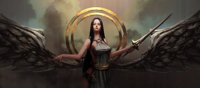 Fantasy art of a winged woman warrior with a sword