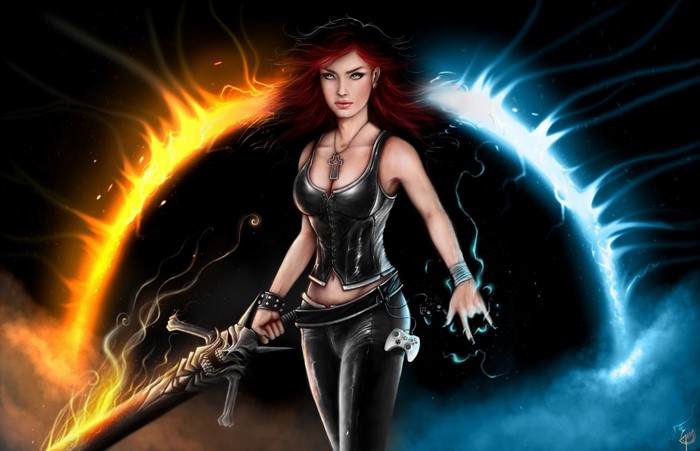Fantasy woman warrior with fire and lightning