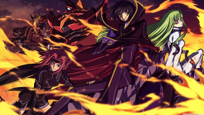 Lelouch, C.C., and Kallen from Code Geass with Knightmare Frames