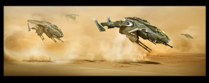 Science fiction vehicles flying over a desert in Halo