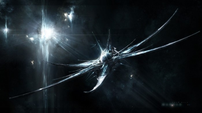 Abstract spaceship in a nebula with bright light