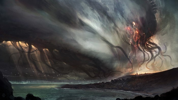 Cthulhu emerges from a stormy sky over a coastal town