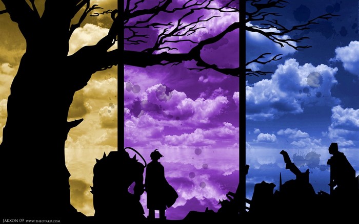 Silhouettes of characters from Fullmetal Alchemist against colorful skies
