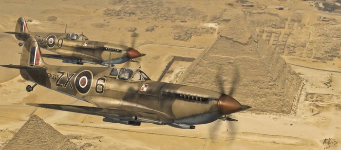 Supermarine Spitfires flying over the Pyramids of Giza