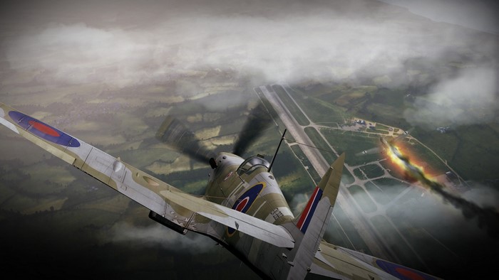 Supermarine Spitfire of the Royal Air Force over an airfield