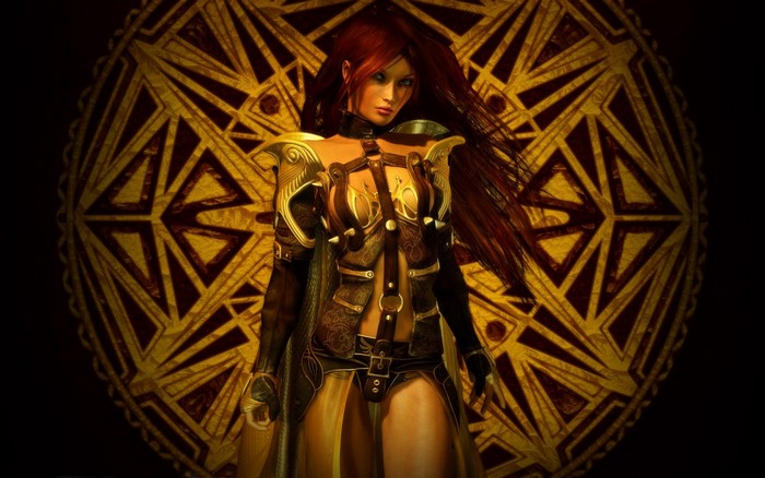 Fantasy art of a woman with red hair in armor