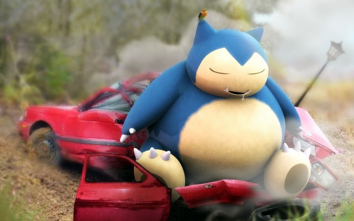 Snorlax from Pokemon sitting on a wrecked car
