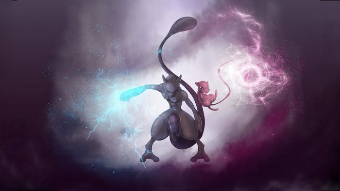 Mewtwo and Mew from Pokemon with energy attacks
