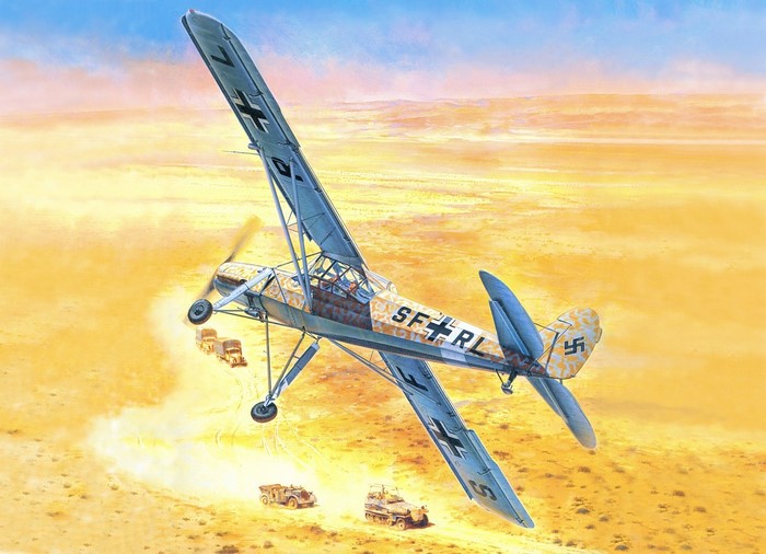 Fieseler Fi 156 Storch aircraft over desert convoy