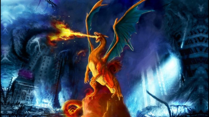 Charizard Breathing Fire Amidst a Fiery Cityscape