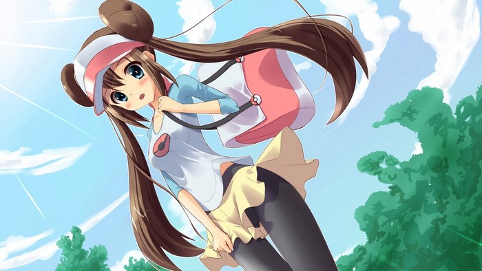 Rosa from Pokemon in a blue shirt and pink hat