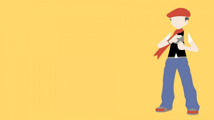 Red from Pokemon standing against a yellow background