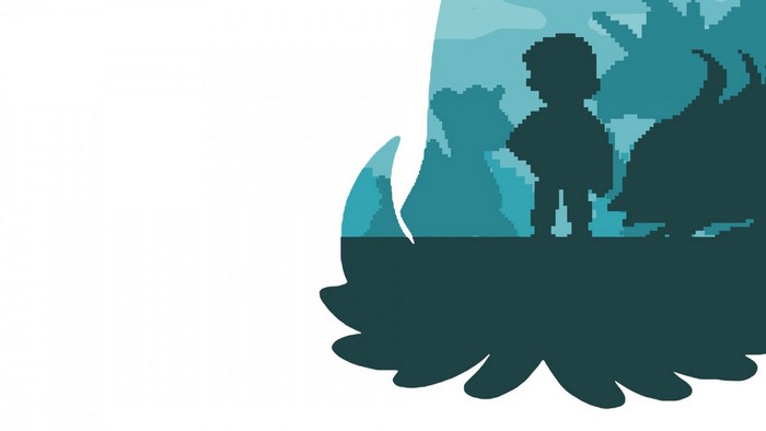 Silhouette of a boy and creatures in a pixelated landscape