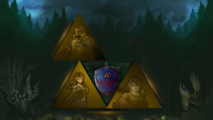The Legend of Zelda Triforce with characters and shield