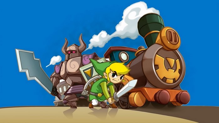 Link and a stone warrior with a train from The Legend of Zelda