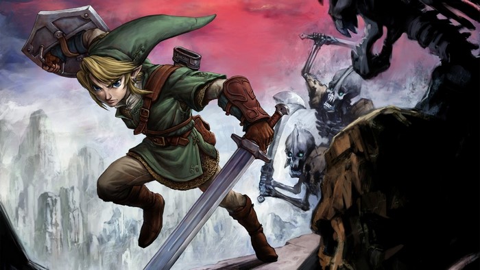 Link from The Legend of Zelda fighting skeletons