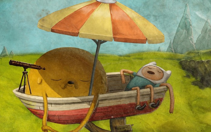 Finn and Jake from Adventure Time in a boat