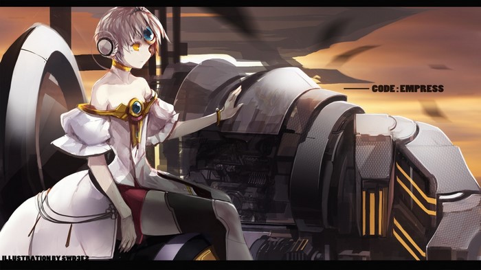 Eve from Elsword with headphones and mechanical parts