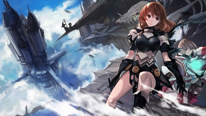 Anime girls with swords and a mecha in the sky