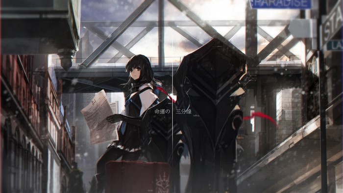 Anime girl with black hair reading newspaper in city