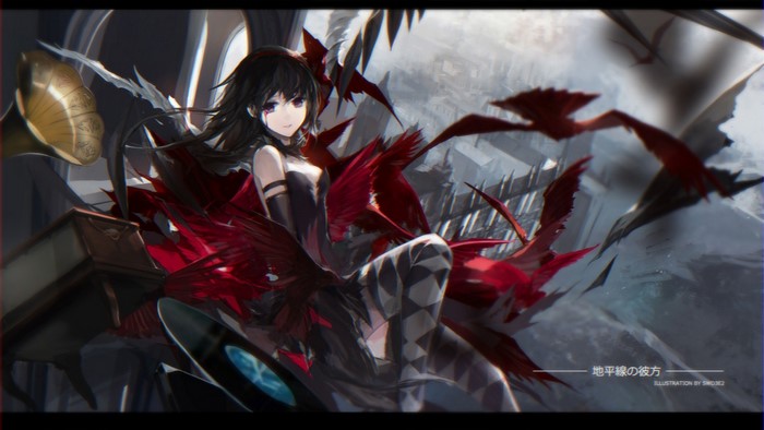 Akemi Homura from Mahou Shoujo Madoka Magica with red wings