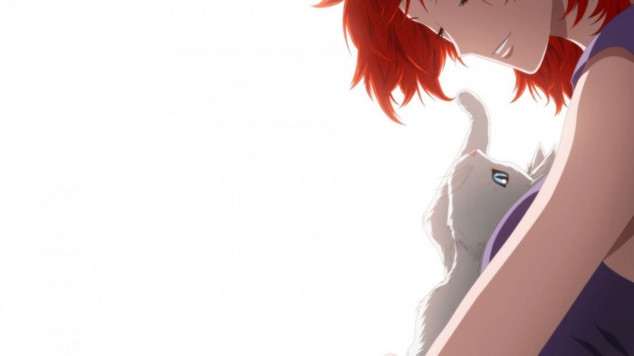 Anime girl with red hair holding a cat
