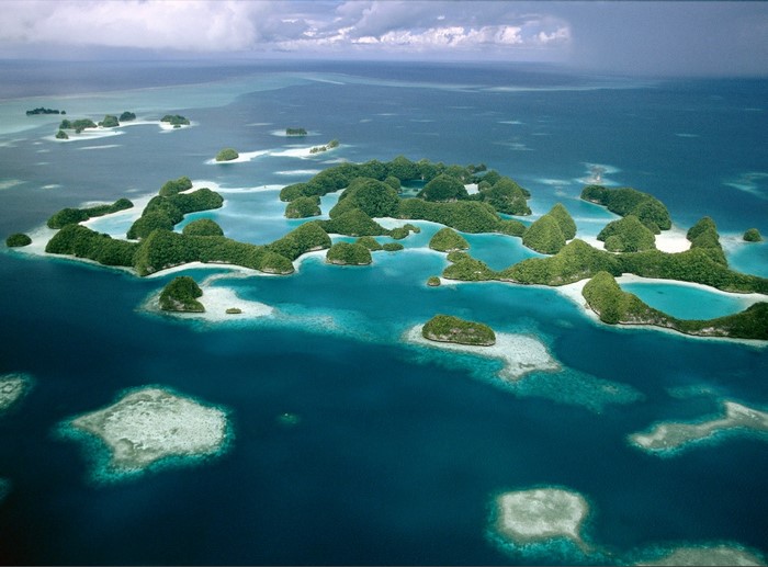 Archipelago with lush green islands in turquoise water