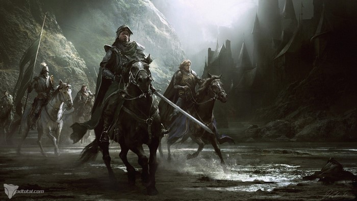Knights on horseback in a dark fantasy landscape