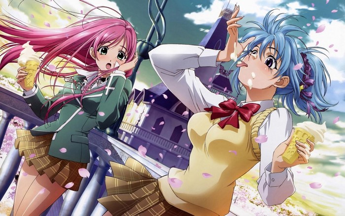 Moka Akashiya and Kurumu Kurono from Rosario + Vampire eating ice cream