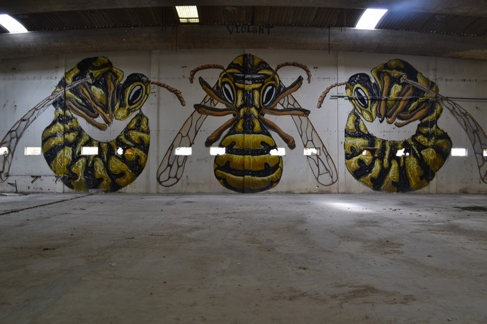 Graffiti of three wasps on a wall