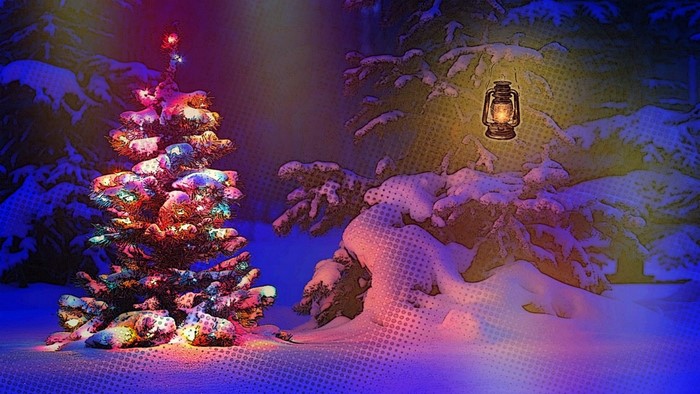 Christmas tree with lights in a snowy forest with a lantern