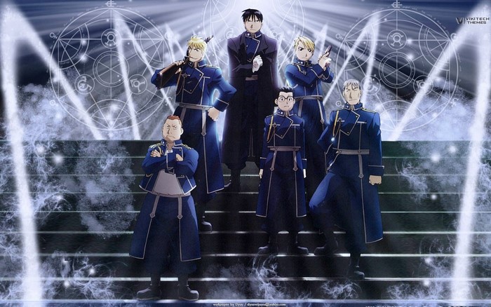 Full Metal Alchemist characters in military uniforms on a stage