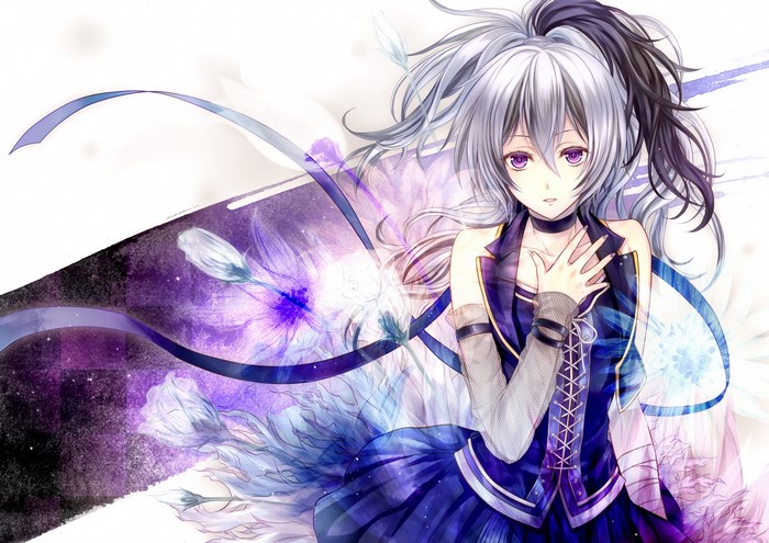 V Flower from Vocaloid with multicolored hair and purple eyes