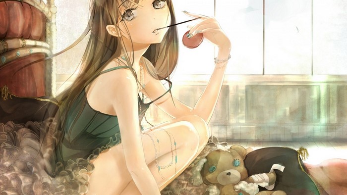 Anime girl with Pocky and teddy bear