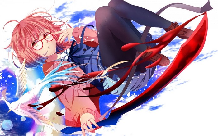 Kuriyama Mirai from Kyoukai no Kanata with a bird and a scythe