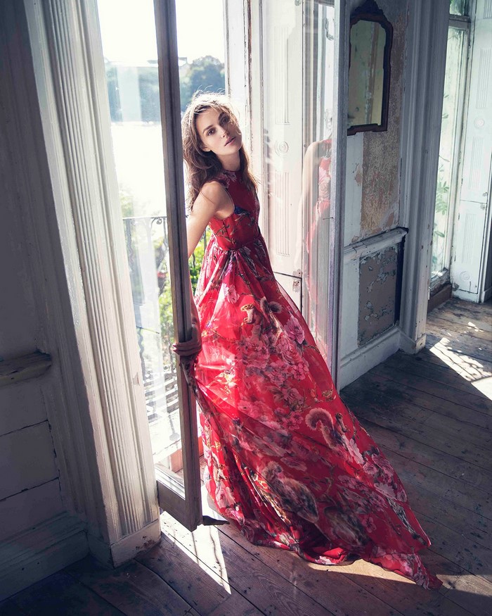 Keira Knightley in a red floral dress
