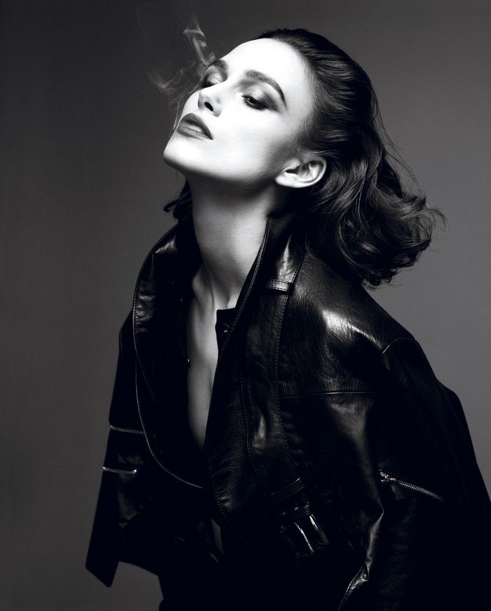 Keira Knightley in Black and White Leather Jacket Portrait