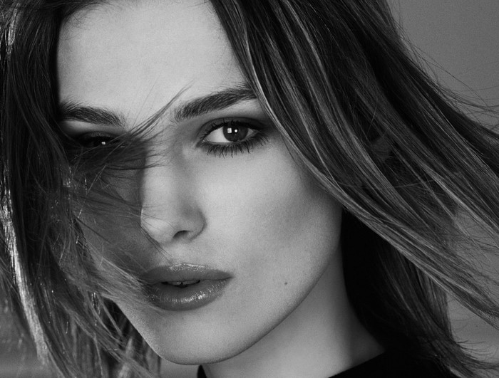 Monochrome portrait of Keira Knightley with hair blowing