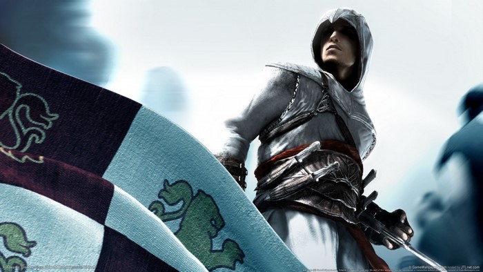 Altair Ibn-La'Ahad from Assassin's Creed with a flag