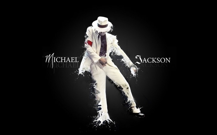 Michael Jackson in a white suit with splashing liquid