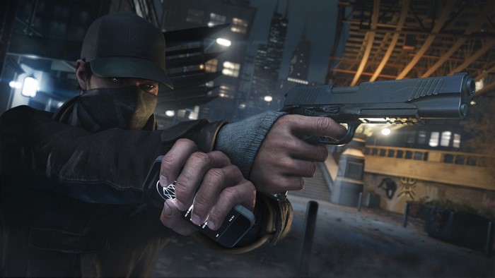 Aiden Pearce from Watch Dogs holding a gun